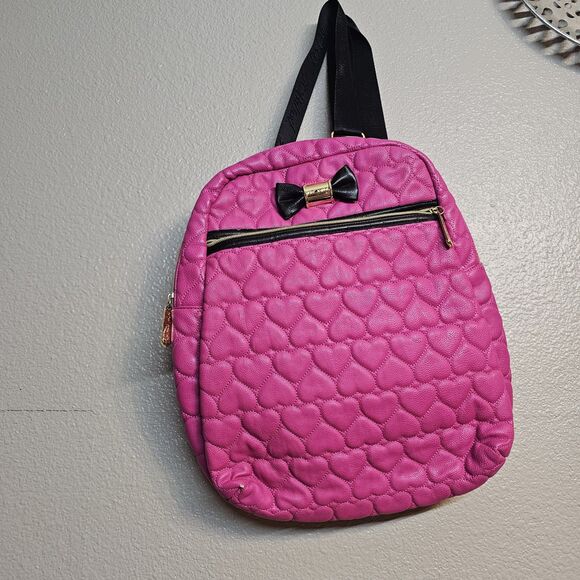 Betsey Johnson Hot Pink Heart Quilted Backpack Purse Bow Accent L Gold Accents main image 10